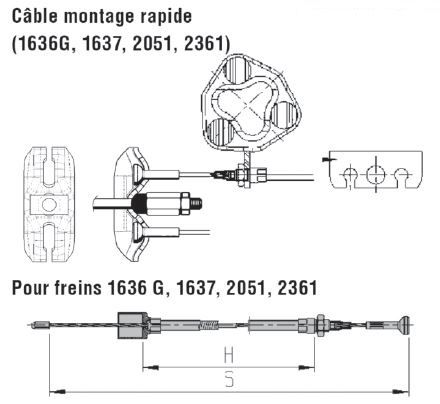 Câble de frein ALKO  1636G / 1637 / 2051 / 2361, longueur 530 mm, sans démontage