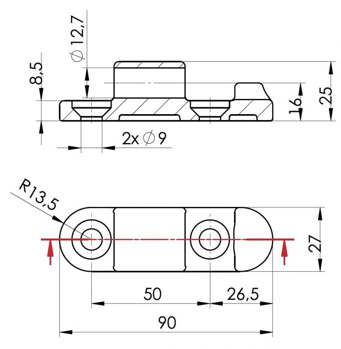 Charnière mâle seul perçage 70 mm x Ø 9 mm pour charnière femelle style (ref: 6956)