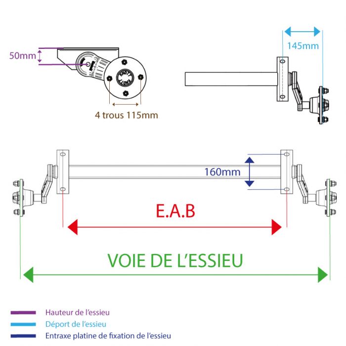 Essieu non freiné KNOTT - 500kg - 4T115 - EAB à la demande