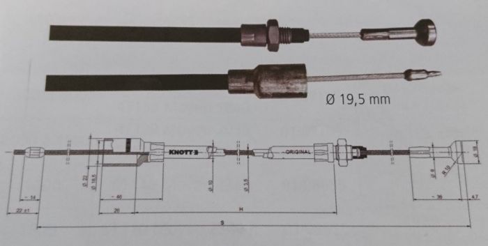 Câble de frein KNOTT - Longueur 820mm - Douille 18.5 mm