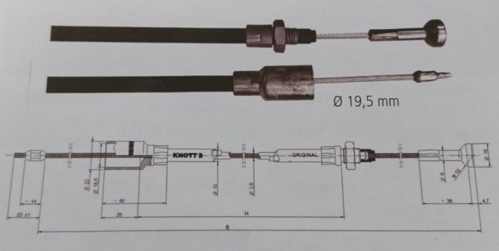 Câble de frein KNOTT - Longueur 1280mm - Douille 18.5 mm